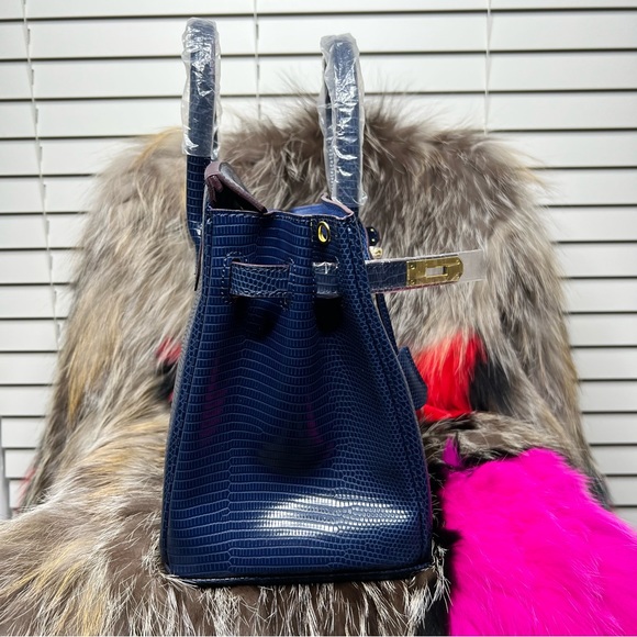 Genuine Blue Leather embossed in Lizard Print 30cm with gold hardware. - Picture 10 of 10